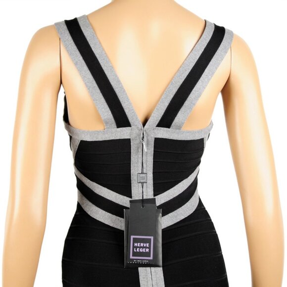 HERVE LEGER DRESS BODYCON BANDAGE COLORBLOCK BLACK GRAY - Picture 9 of 12